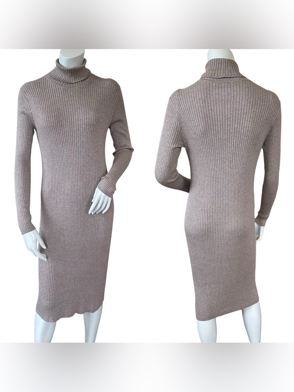 Peruvian Connection Taupe Brown Ribbed Pima Cotton Turtleneck Midi Dress Medium